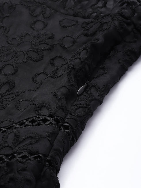 Anna Black Organza Scallop Lace Mini Dress