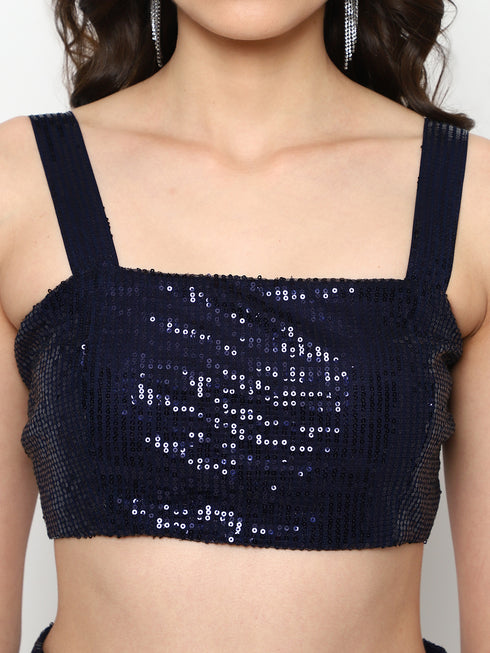 Fae Navy Sequin Metal Zip Crop Top