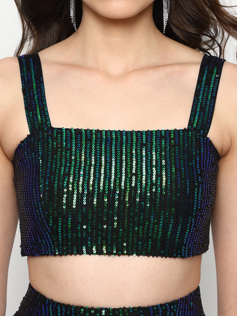 Fae Emerald Green Sequin Metal Zip Crop Top