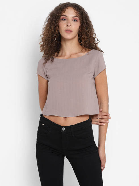 TAUPE RUCHED BACK CROP TOP