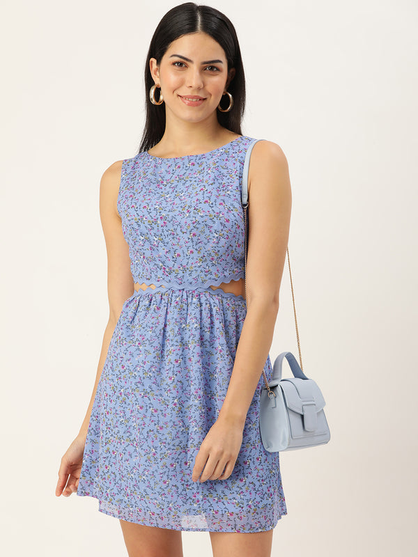 BLUE FLORAL CUT OUT WAIST MINI DRESS