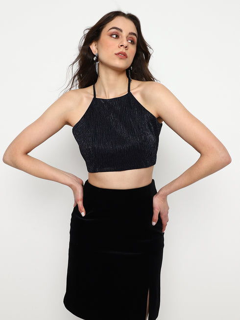 Estelle Navy Moonlight Exposed Metal Zip Crop Top