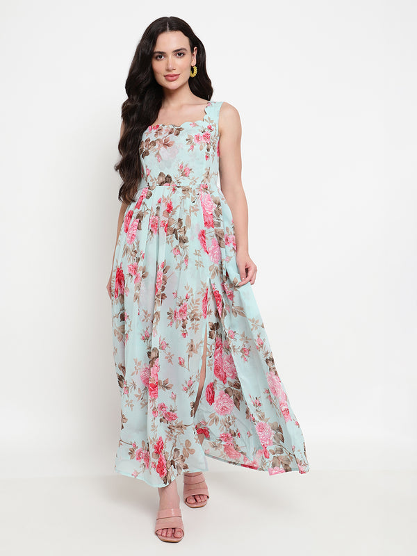 Marilyn Sea Green Scallop Neck Pleated Maxi Dress