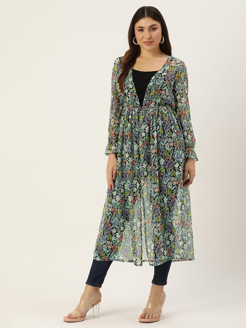 MULTI FLORAL PRINT BUTTON FRONT LONGLINE SHRUG