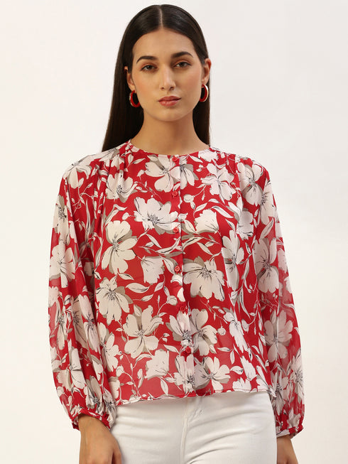 Red Floral Button-Front Peasant Top