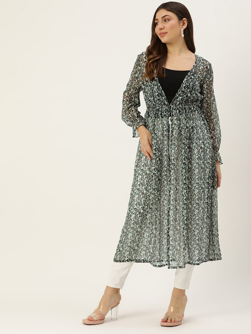 BLACK FLORAL PRINT BUTTON FRONT LONGLINE SHRUG Roving Mode