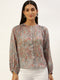 Grey Floral Button-Front Peasant Top