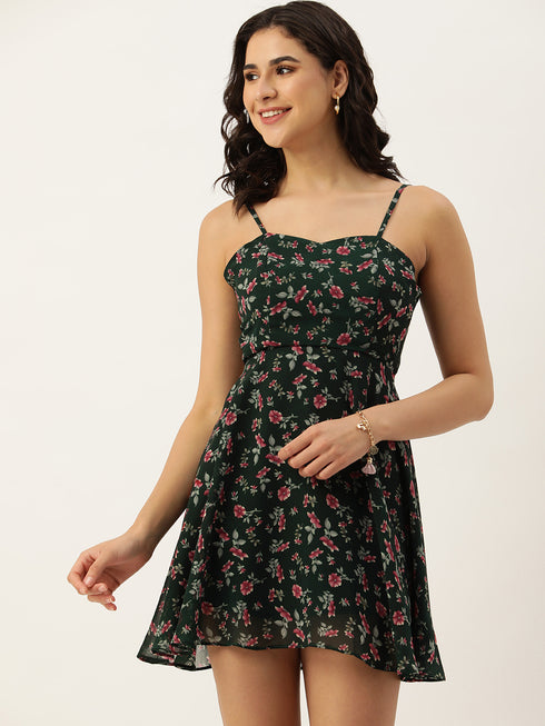 GREEN FLORAL GEORGETTE TIE BACK MINI DRESS