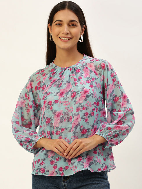 Blue Floral Raglan Sleeve Top