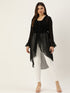 BLACK SOLID SHEER  BUTTON FRONT RUFFLED HIGH LOW SHRUG