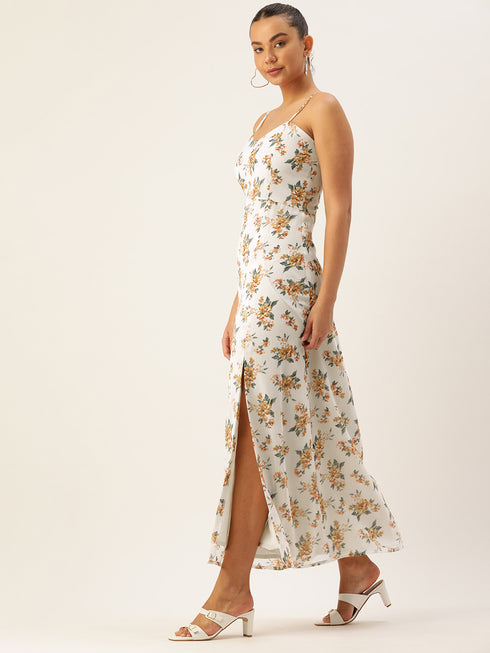 CREAM FLORAL PRINT SPAGHETTI PANELLED MAXI DRESS