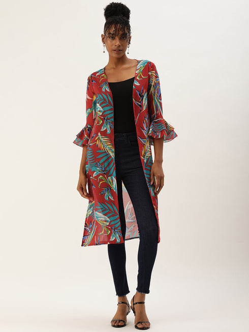 RED TROPICAL PRINTED SHEER OPEN FRONT LONGLINE SHRUG