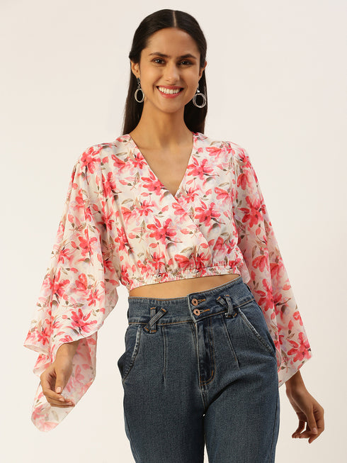 PINK FLORAL WIDE SLEEVE WRAP CROP TOP