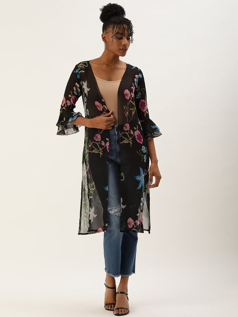 BLACK TROPICAL PRINTED SHEER OPEN FRONT LONGLINE SHRUG