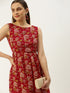 RED FLORAL PRINT BOAT NECK GATHERED MINI DRESS