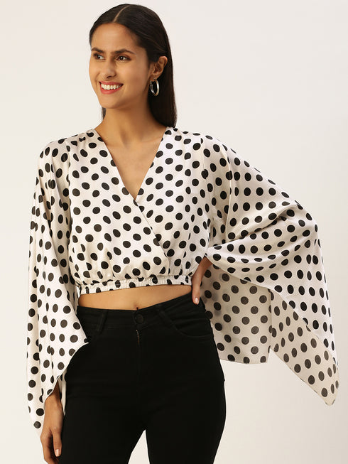 WHITE POLKA DOT WIDE SLEEVE WRAP CROP TOP