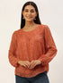Orange Lurex Print Boat Neck Top