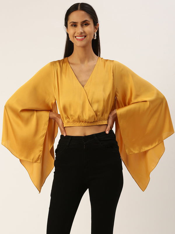 YELLOW SOLID WIDE SLEEVE WRAP CROP TOP
