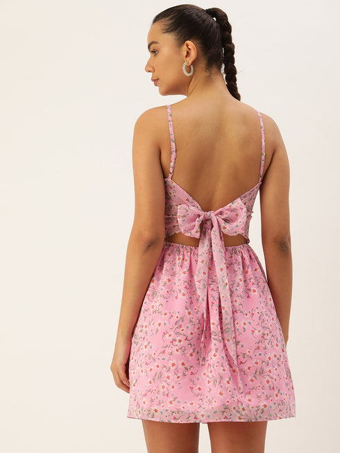 PINK FLORAL GEORGETTE TIE BACK MINI DRESS