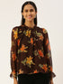 BROWN PRINTED STANDING COLLAR TOP