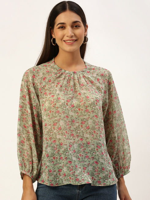 Green Floral Raglan Sleeve Top