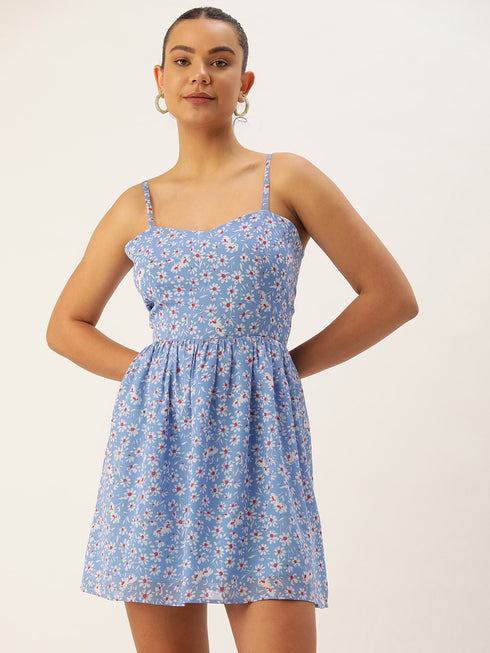 BLUE FLORAL GEORGETTE TIE BACK MINI DRESS