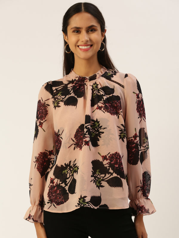 BEIGE FLORAL PRINT STANDING COLLAR TOP