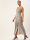 GREY PAISLEY PRINT SPAGHETTI PANELLED MAXI DRESS