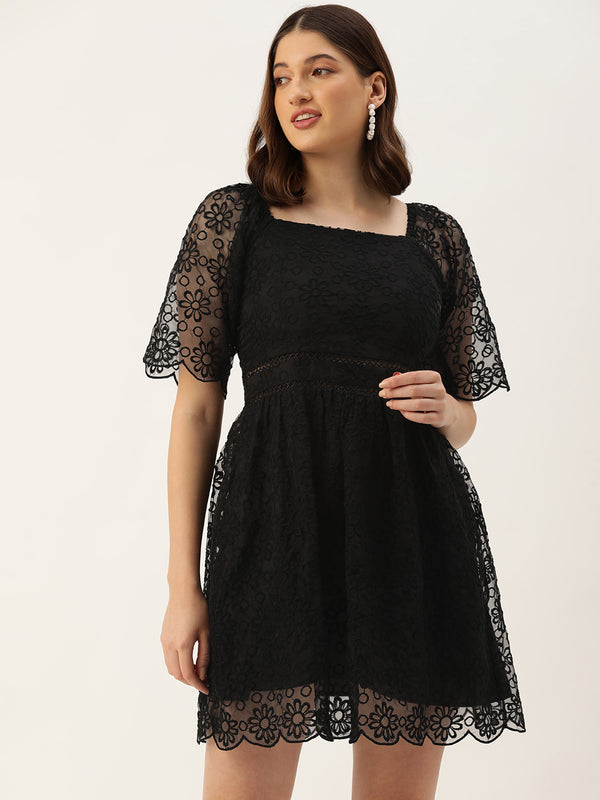 Anna Black Organza Scallop Lace Mini Dress