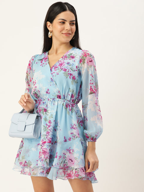 BLUE FLORAL PRINT WRAP MINI DRESS