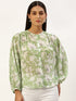 Mint Green Floral Button-Front Peasant Top