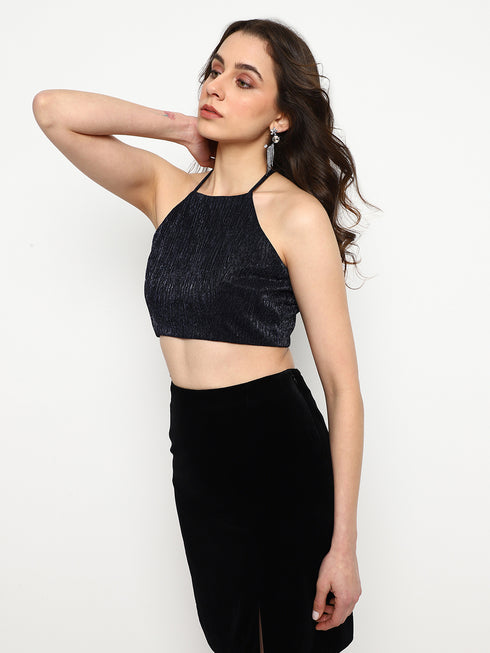 Estelle Navy Moonlight Exposed Metal Zip Crop Top