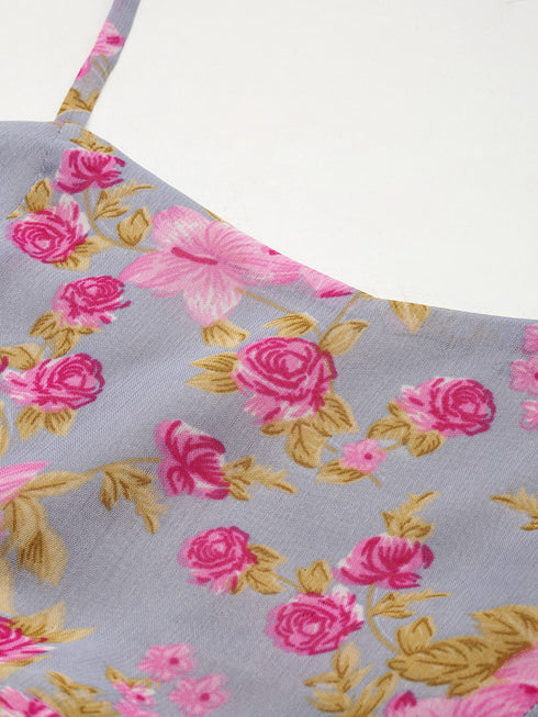 Grey Floral Print Tie Back Crop Top