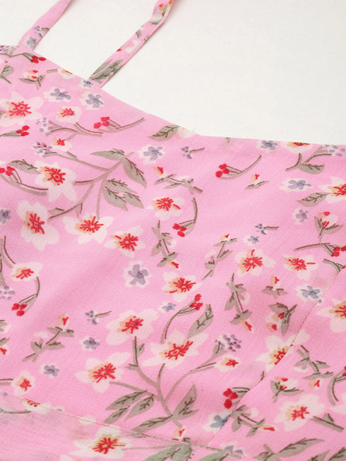 Pink Floral Print Tie Back Crop Top