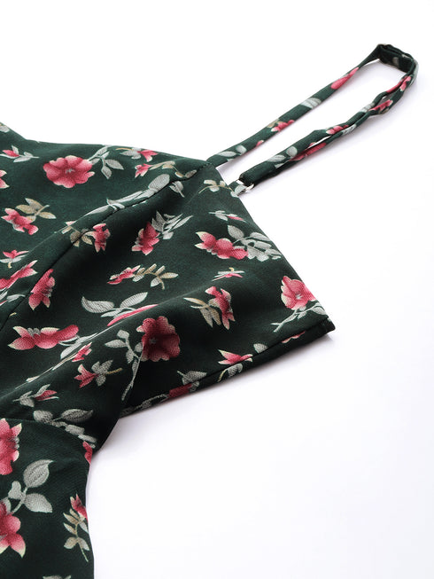 GREEN FLORAL GEORGETTE TIE BACK MINI DRESS