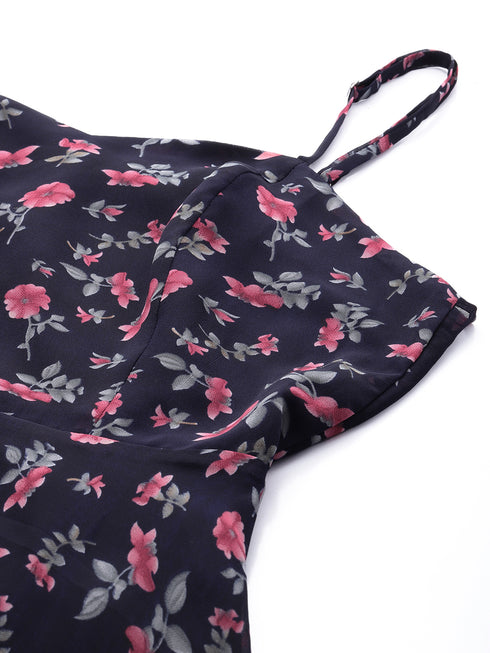 NAVY FLORAL GEORGETTE TIE BACK MINI DRESS