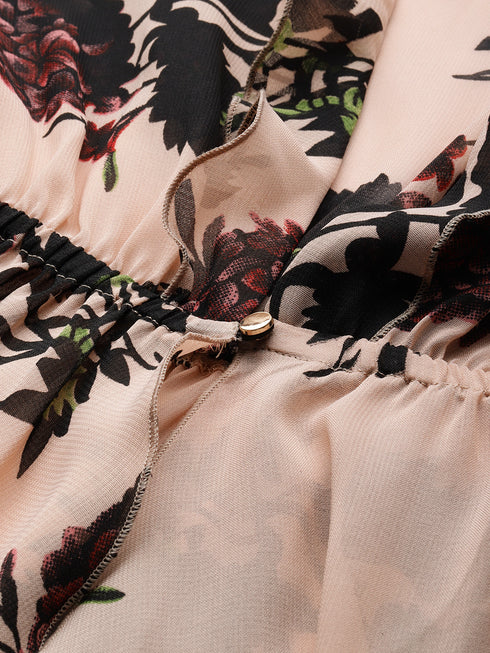 BEIGE FLORAL PRINT SHEER  BUTTON FRONT RUFFLED HIGH LOW SHRUG