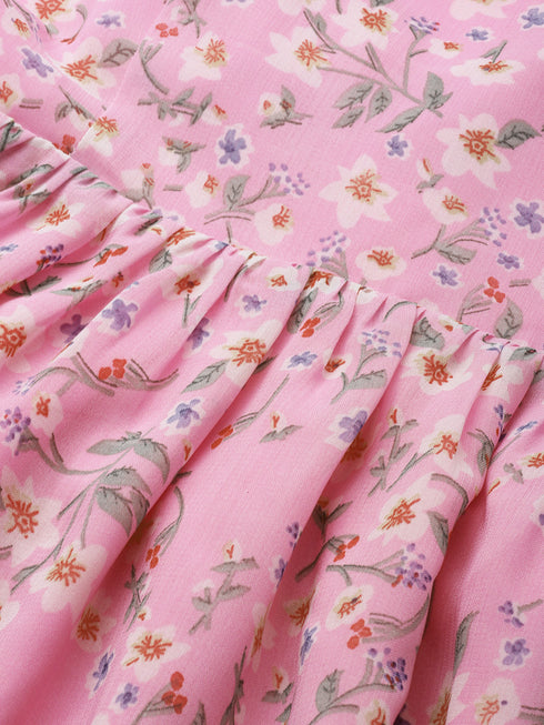 PINK FLORAL GEORGETTE TIE BACK MINI DRESS