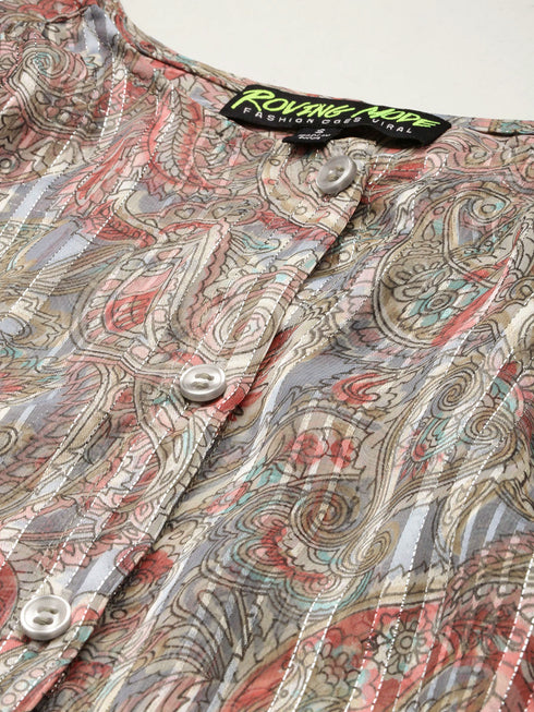 Grey Floral Button-Front Peasant Top