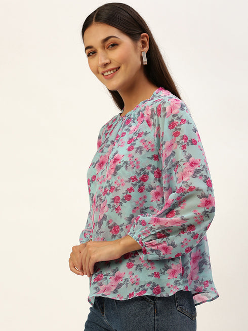 Blue Floral Raglan Sleeve Top