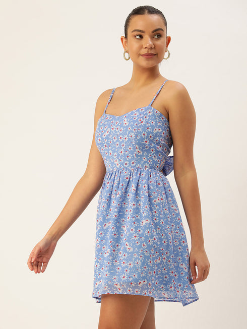 BLUE FLORAL GEORGETTE TIE BACK MINI DRESS