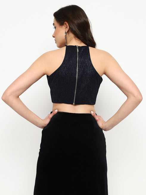 Estelle Navy Moonlight Exposed Metal Zip Crop Top