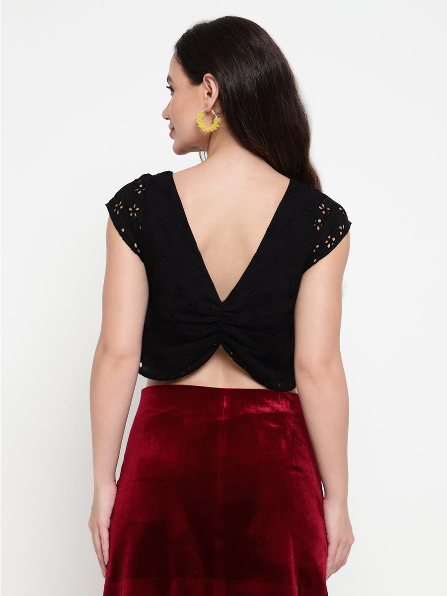Hazel Black Schiffli Ruched Back Crop Top – Roving Mode