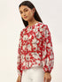 Red Floral Button-Front Peasant Top
