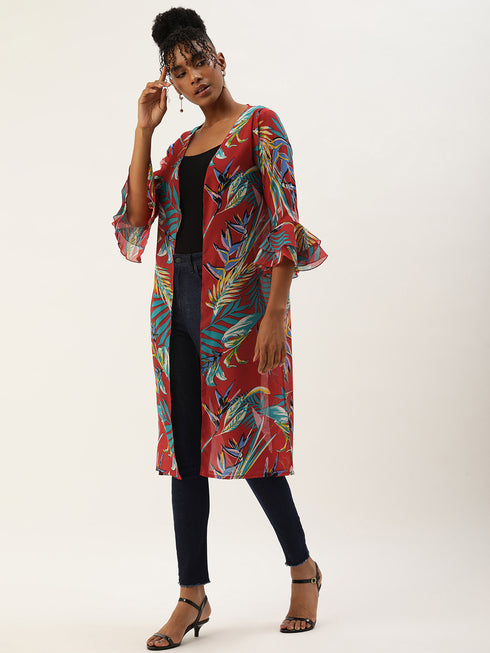 RED TROPICAL PRINTED SHEER OPEN FRONT LONGLINE SHRUG