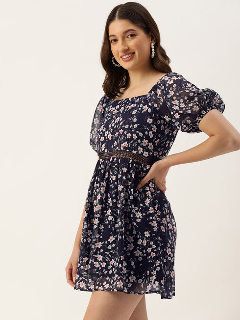 Tina Navy Floral Scallop Lace Mini Dress