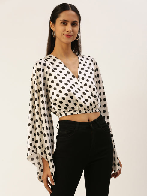 WHITE POLKA DOT WIDE SLEEVE WRAP CROP TOP