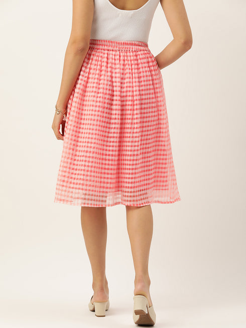 PINK CHEQUERED TISSUE PLEATED MIDI SKIRT