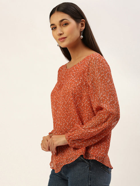 Orange Lurex Print Boat Neck Top