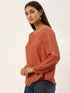 Orange Lurex Print Boat Neck Top